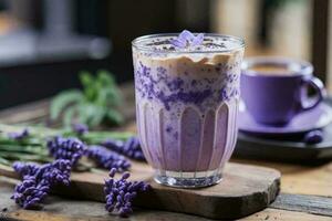 Iced Lavender Coffee Latte on a wooden table. AI Generative photo