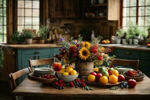 A cozy, rustic kitchen with a wooden table and chairs, a bowl of fresh colorful fruits. AI Generative photo