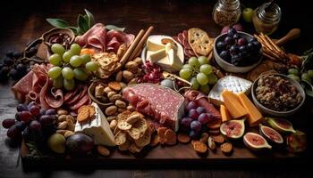 Rustic table with gourmet meat and cheese generated by AI photo