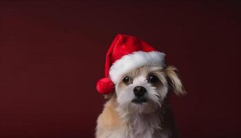 Cute studio shot of small purebred terrier wearing winter cap generated by AI photo