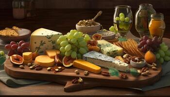 Rustic cheese board with a variety of delicacies generated by AI photo