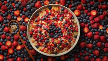 Fresh berries on wood healthy snacking option generated by AI photo