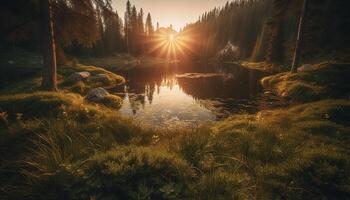 Sunrise over mountain range in tranquil wilderness area generated by AI photo