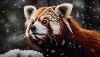 Fluffy red fox sitting in snowy forest generated by AI photo