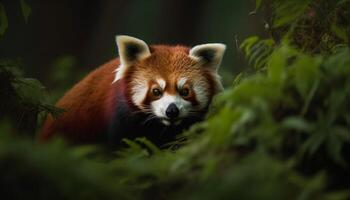 Fluffy red panda sitting on green grass generated by AI photo