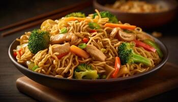 Stir fried broccoli and vegetables with chopsticks on crockery plate generated by AI photo