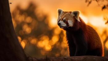 rojo panda sentado en árbol rama a oscuridad generado por ai foto