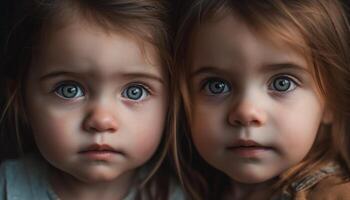 dos sonriente bebé chicas, inocencia y amor en su ojos generado por ai foto