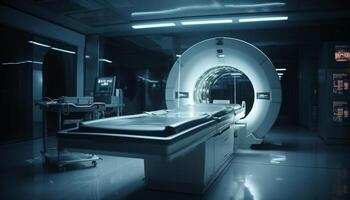 moderno hospital maquinaria ilumina azul mri escáner generado por ai foto