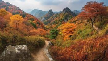 Vibrant autumn foliage paints tranquil forest landscape generated by AI photo