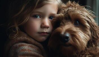 Smiling Caucasian child embracing playful purebred puppy outdoors with love generated by AI photo