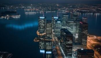 Illuminated city skyline reflects on waterfront at dusk generated by AI photo