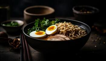 recién cocido gastrónomo comida Cerdo ramen con vegetal y cilantro generado por ai foto