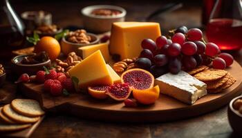 A gourmet cheese plate with organic bread and wine refreshment generated by AI photo