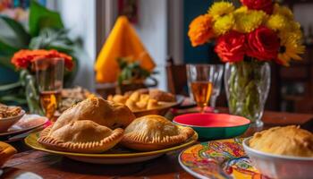 Fresh gourmet meal on wooden table with colorful crockery decoration generated by AI photo