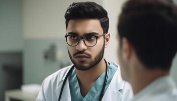 Confident healthcare team of professionals working in hospital office generated by AI photo