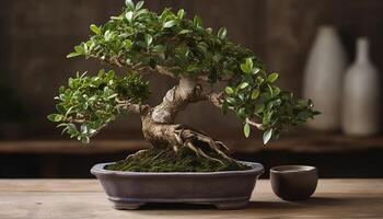 Ornate ceramics adorn old tree trunk in Japanese formal garden generated by AI photo