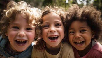 sonriente niños jugando al aire libre, alegre y despreocupado, lleno de felicidad generado por ai foto