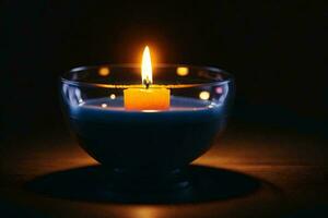 a lit candle in a decorative metal bowl. AI Generative photo