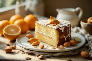 Delicious sweet cake with orange and almond petals on grey wooden table. AI Generative photo