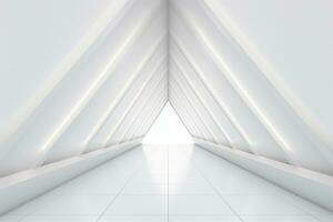 bright neon white triangular shaped long tunnel with light at the end. photo