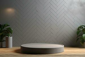 round pedestal on table with gray back wall in herringbone tiles. minimalistic design to showcase fashion product photo