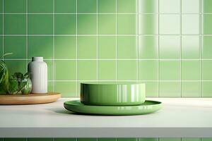 ceramic round pedestal on the countertop in the kitchen with green tiles. minimalistic design to showcase fashion product photo