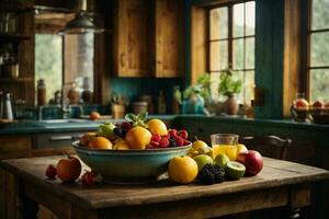 A cozy, rustic kitchen with a wooden table and chairs, a bowl of fresh colorful fruits. AI Generative photo