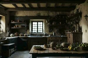 Tudor and medieval style cooking room. AI Generative photo