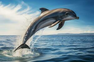 delfín saltando fuera de el agua a atardecer.ai generativo foto
