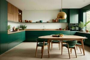 minimalistic modern kitchen, wood white oak countertops. AI Generative photo