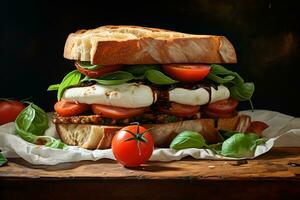 Delicious sandwich with caprese salad. AI Generative photo