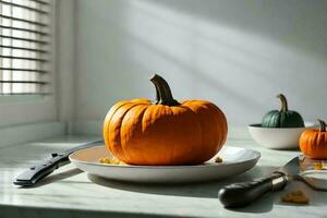 pumpkin on a white countertop with a knife and a plate of pumpkin seeds in the background. AI Generative photo