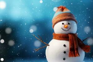 snowman blue background brown beanie brown scarf carrot nose. AI Generative photo