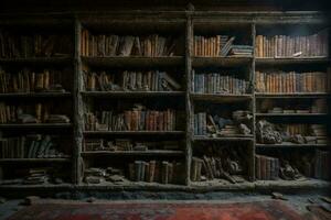 a bookshelf with many old books. AI Generative photo