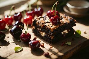 Brownies with Decorative Cherries on a wooden table. AI Generative photo