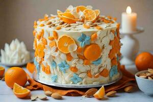 Delicious sweet cake with orange and almond petals on grey wooden table. AI Generative photo