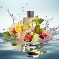 a perfume bottle is filled with different types of berries and fruits. AI Generative photo