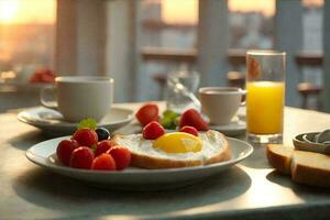 sano desayuno con revuelto huevos, jugo y frutas ai generativo foto