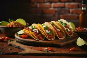 tacos with a rustic red brick background. AI Generative photo