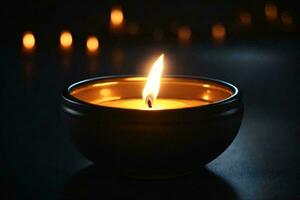 a lit candle in a decorative metal bowl. AI Generative photo