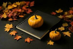 a black Notebook with autumn leaves and a small pumpkin. AI Generative photo