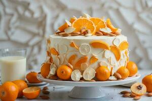 Delicious sweet cake with orange and almond petals on grey wooden table. AI Generative photo