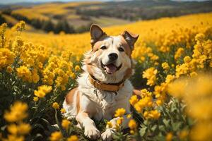 a dog is sitting peacefully in a field of vibrant yellow flowers. AI Generative photo