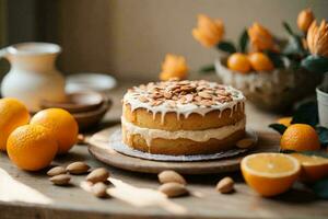 Delicious sweet cake with orange and almond petals on grey wooden table. AI Generative photo