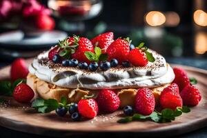 This text is about a tasty dessert called Pavlova and why it is special or important There is a good restaurant located behind this location AI Generated photo