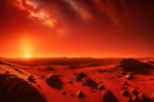 The picture shows the sun setting on Mars In the picture, the sky and ground meet It has colors of red and gold on it AI Generated photo