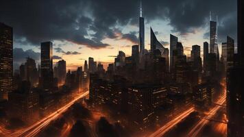 futuristic city skyline with advanced technology and towering skyscrapers. photo