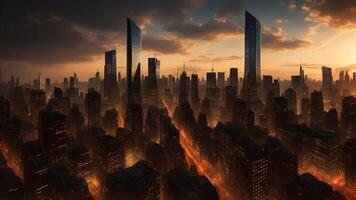 futuristic city skyline with advanced technology and towering skyscrapers. photo
