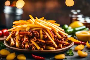 el cámara es zoom en en un plato de chile queso papas fritas, haciendo eso Mira me gusta es muy cerca el habitación es muy brillante ai generado foto